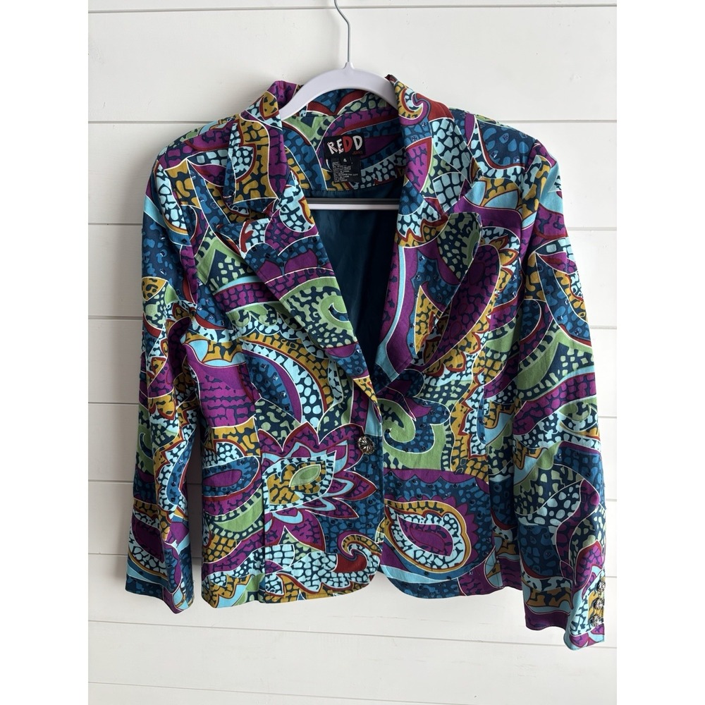 Redd Jeans Jacket Multi Floral Print Sequin Buttons Pockets Stretch Lined 4 0712